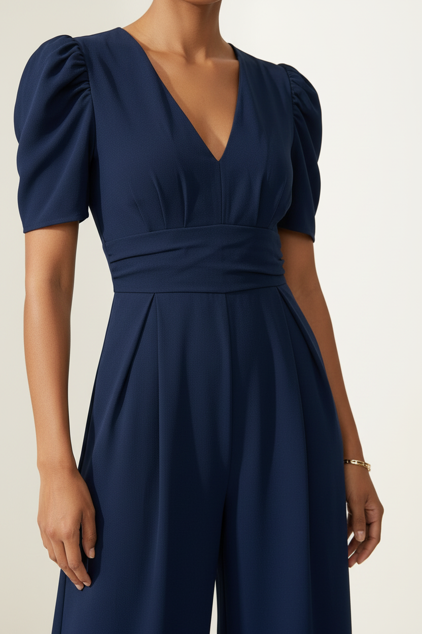 A woman modeling a navy blue jumpsuit with puff sleeves, a wrap-style V-neck bodice, and wide legs, standing against a plain off-white studio background.