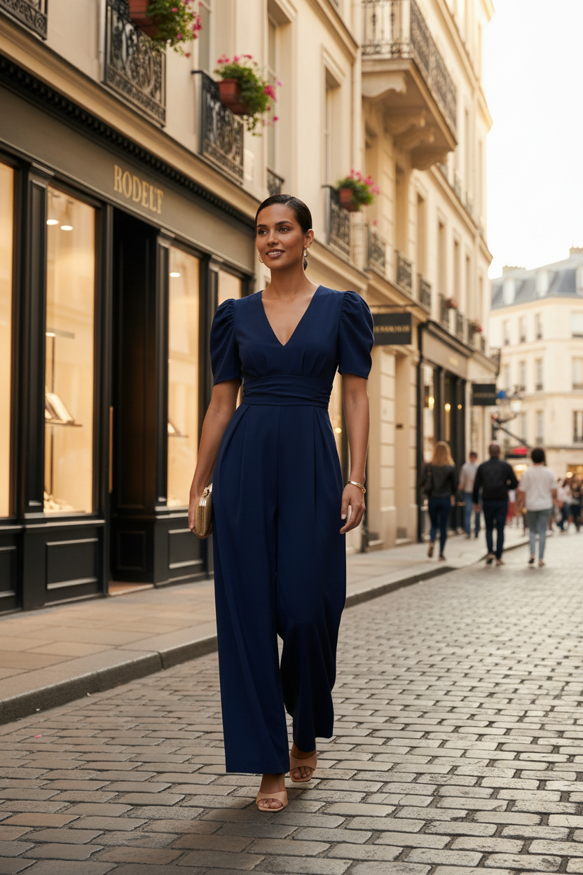 A woman modeling a navy blue jumpsuit with puff sleeves, a wrap-style V-neck bodice, and wide legs, standing against a plain off-white studio background.