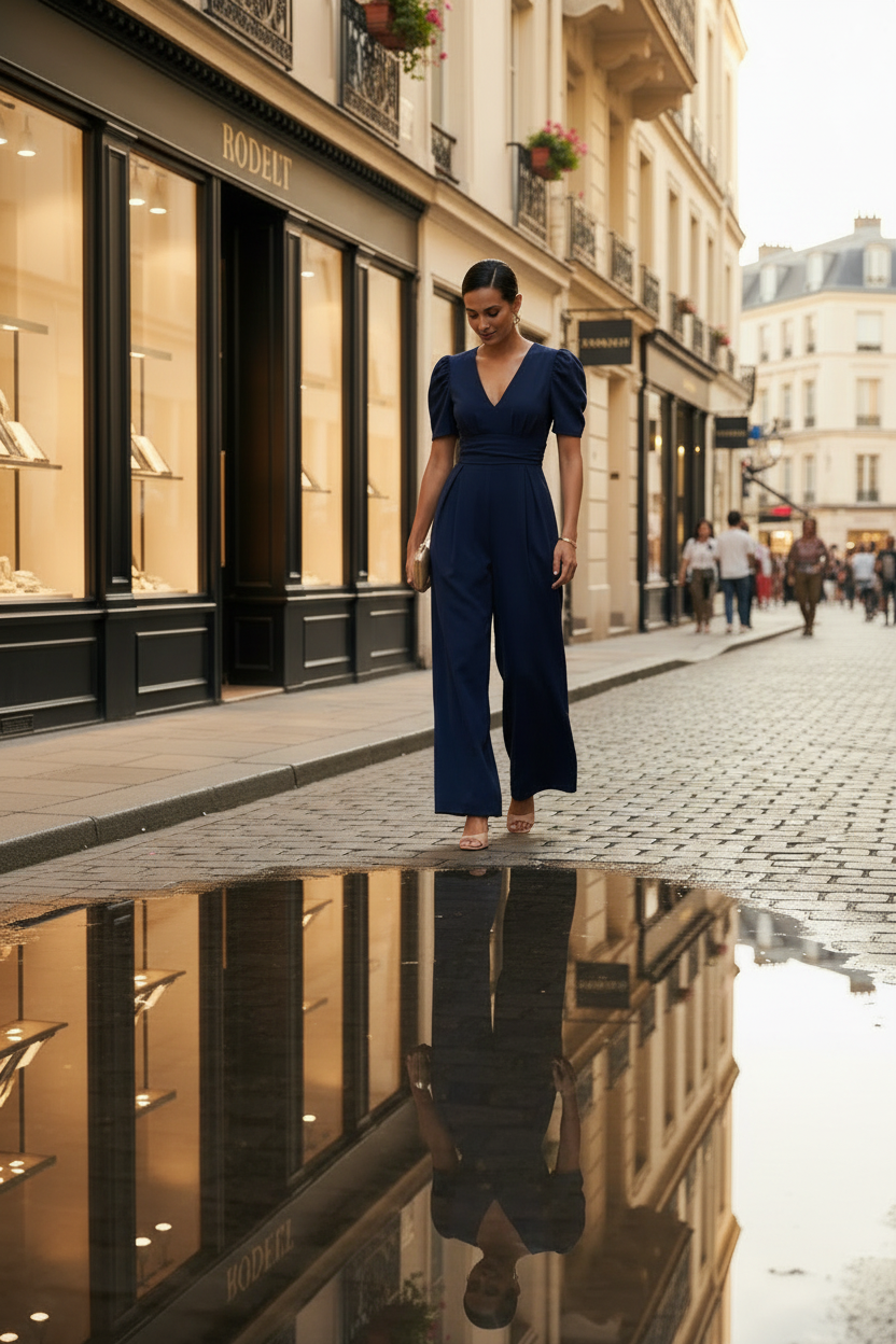A woman walking on a cobblestone street wearing a navy blue jumpsuit with puffed short sleeves and a V-neckline. The background shows classic European-style buildings and storefronts.