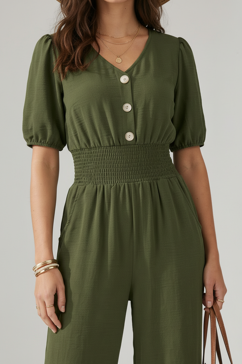 A woman wearing an olive green short-sleeve jumpsuit with puff sleeves, a V-neckline, three front buttons, and a smocked waistband, shown against a plain light gray studio background.