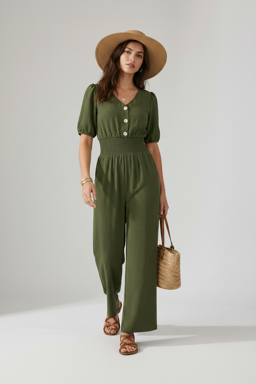 A woman models an olive green short-sleeve jumpsuit with puff sleeves, a buttoned V-neck, and wide legs. She is wearing a wide-brimmed tan hat, brown strappy sandals, and holding a woven straw handbag against a neutral studio background.