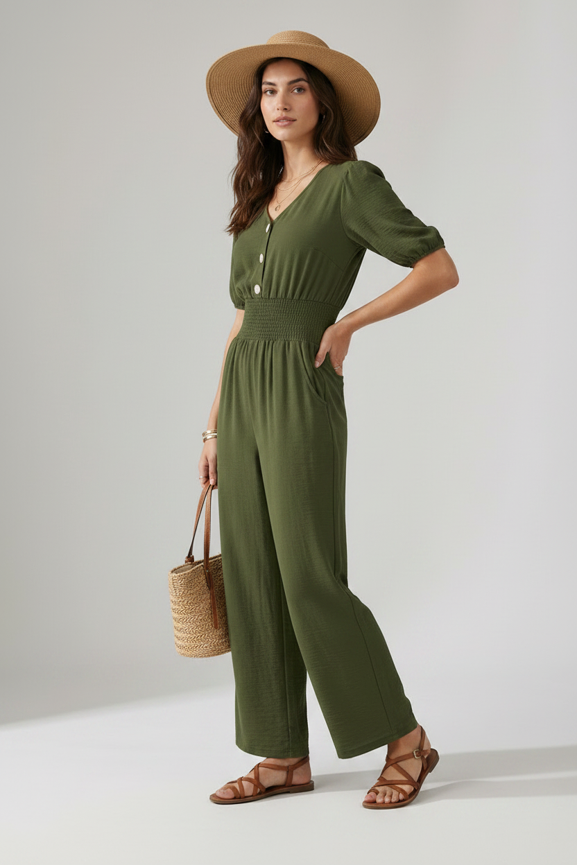 A woman models an olive green short-sleeve jumpsuit with puff sleeves, a buttoned V-neck, and wide legs. She is wearing a wide-brimmed tan hat, brown strappy sandals, and holding a woven straw handbag against a neutral studio background.