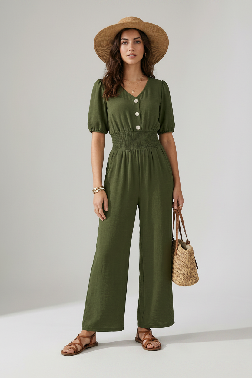 A woman models an olive green short-sleeve jumpsuit with puff sleeves, a buttoned V-neck, and wide legs. She is wearing a wide-brimmed tan hat, brown strappy sandals, and holding a woven straw handbag against a neutral studio background.