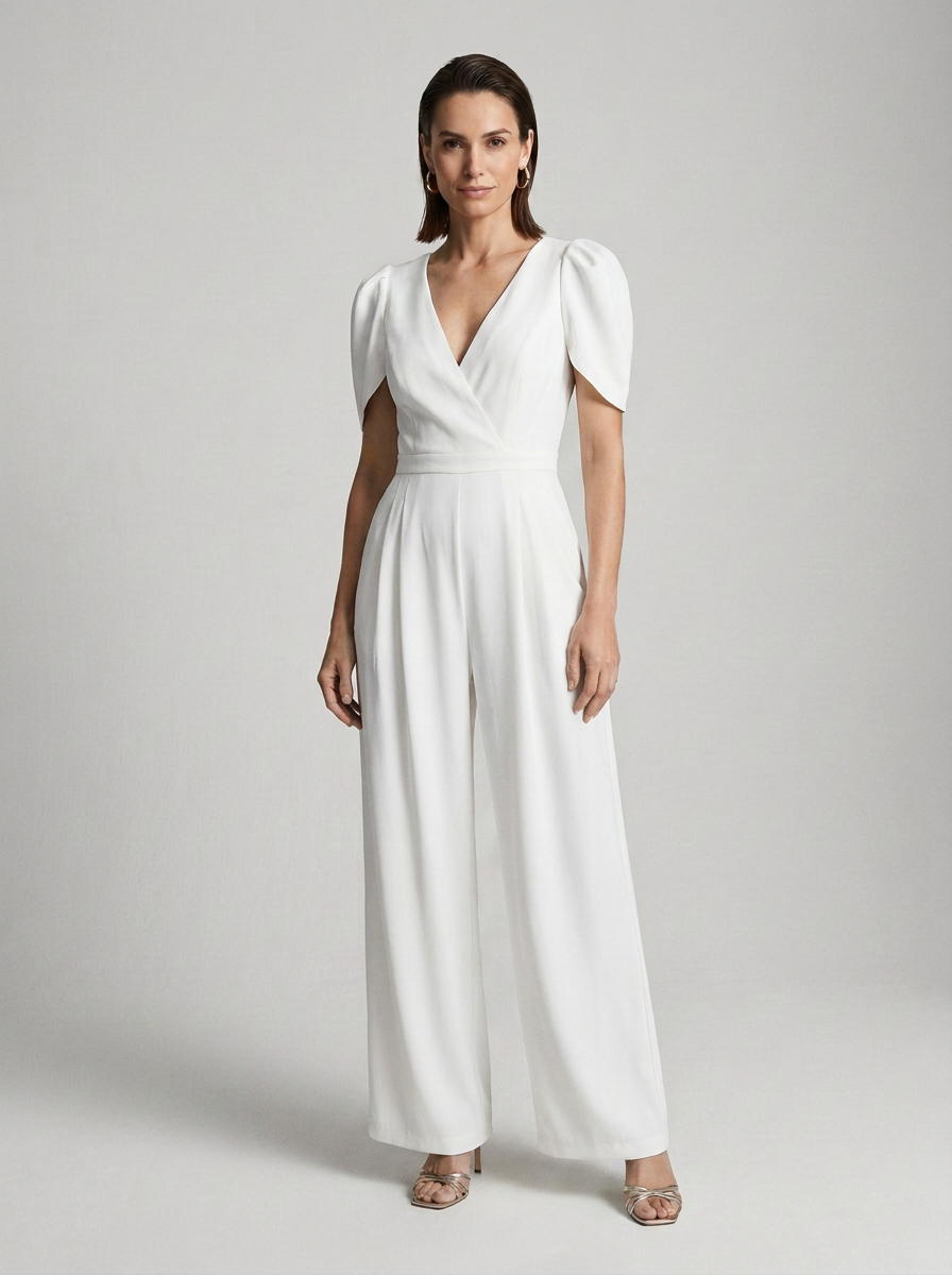 A woman modeling a white wide-leg jumpsuit with short puff sleeves, a wrap-style V-neck bodice, and a cinched waist, photographed against a light gray studio background.