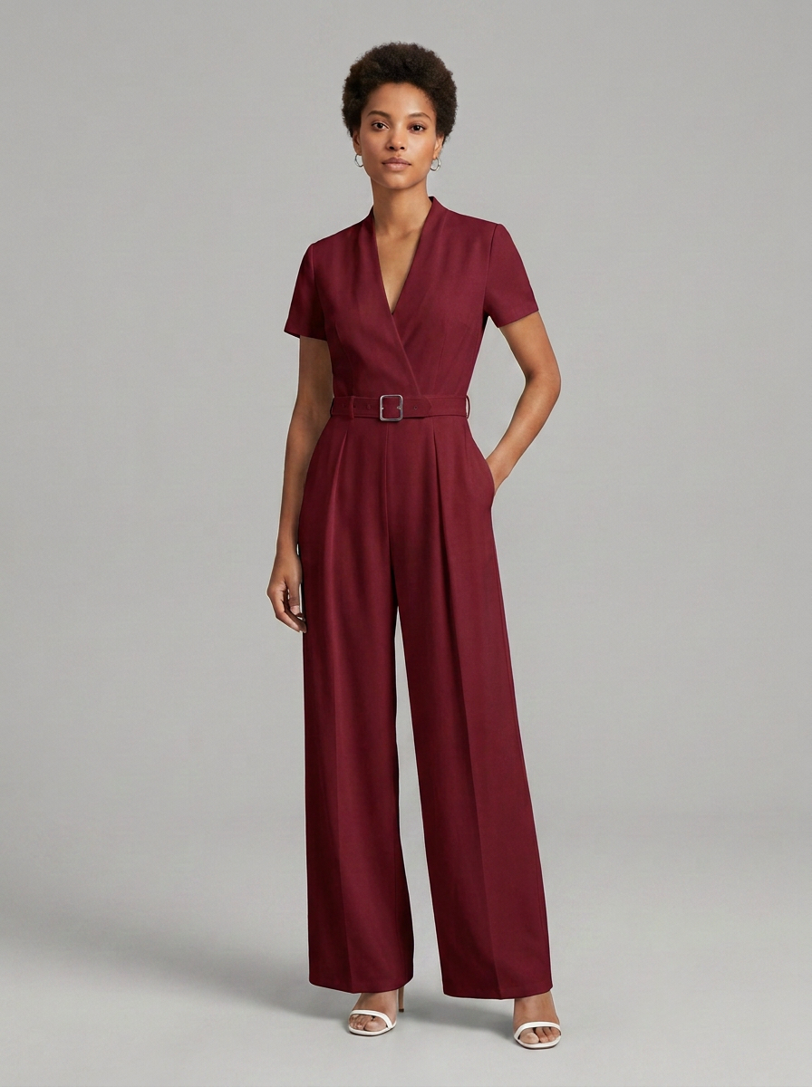 A woman modeling a short-sleeve burgundy jumpsuit with a V-neckline, matching belt, and wide legs, photographed against a neutral gray studio background.