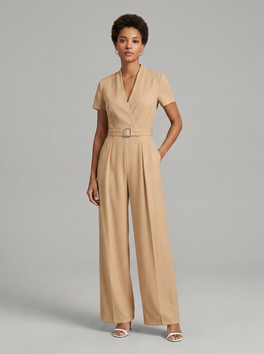 A woman modeling a beige short-sleeve wide-leg jumpsuit with a V-neckline, matching belt, and silver buckle, set against a solid light gray studio background.