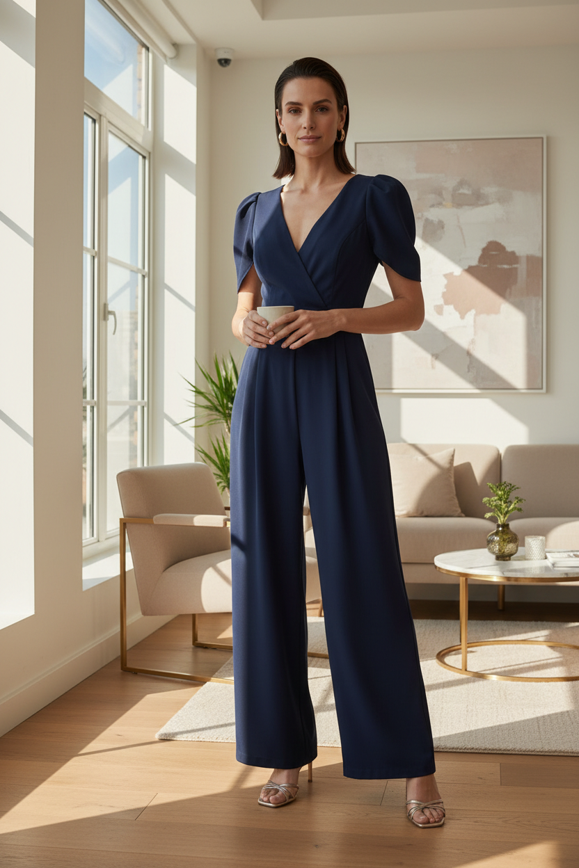 A woman stands in a bright, modern living room wearing a navy blue short-sleeve jumpsuit with a wrap-style V-neck and wide legs. The room features warm sunlight streaming through large windows, beige upholstered furniture, and a light wood floor.