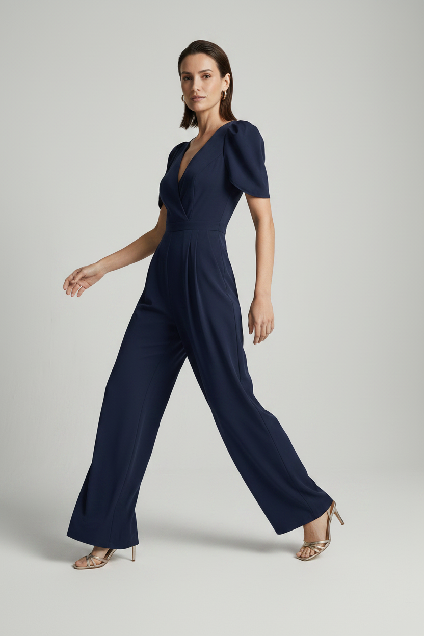 A woman modeling a navy blue jumpsuit with puff sleeves, a wrap-style V-neckline, and wide legs, photographed against a plain light gray studio background.