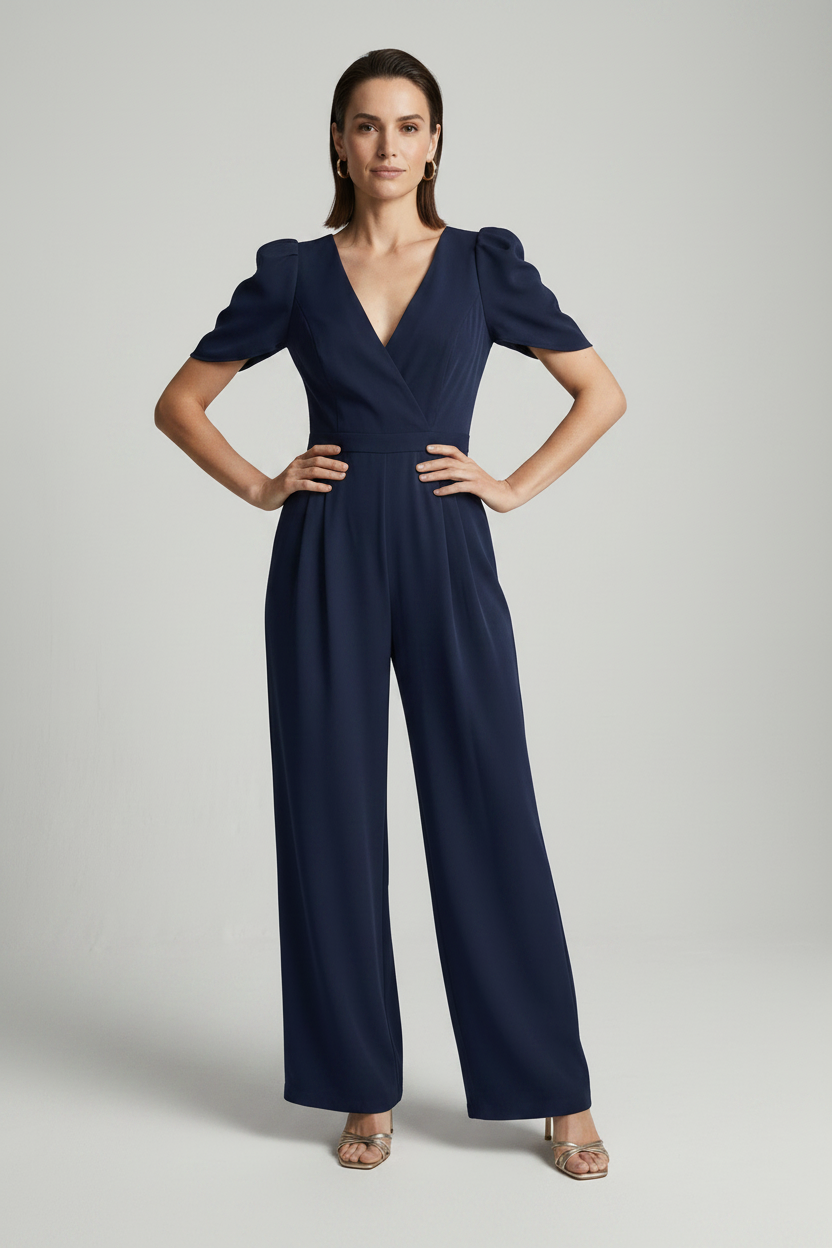 A woman modeling a navy blue jumpsuit with puff sleeves, a wrap-style V-neckline, and wide legs, photographed against a plain light gray studio background.