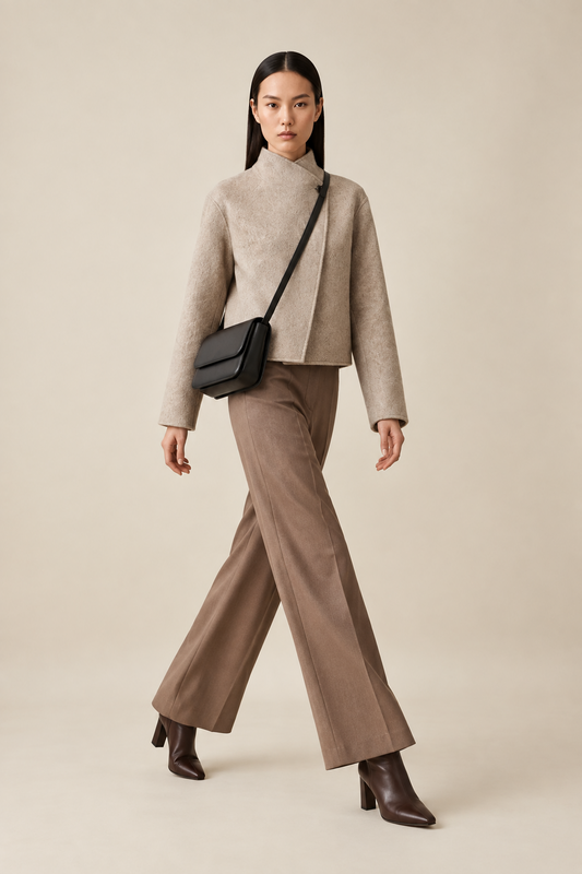 A model is shown from the head to toe wearing a beige cropped mock-neck sweater, brown wide-leg trousers, dark brown ankle boots, and carrying a black crossbody bag against a solid beige background.