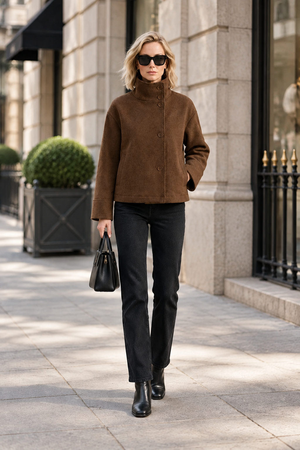 A model stands against a minimalist off-white studio background wearing a brown cropped jacket with a high mock neck and front buttons, black pants, black ankle boots, and black sunglasses.