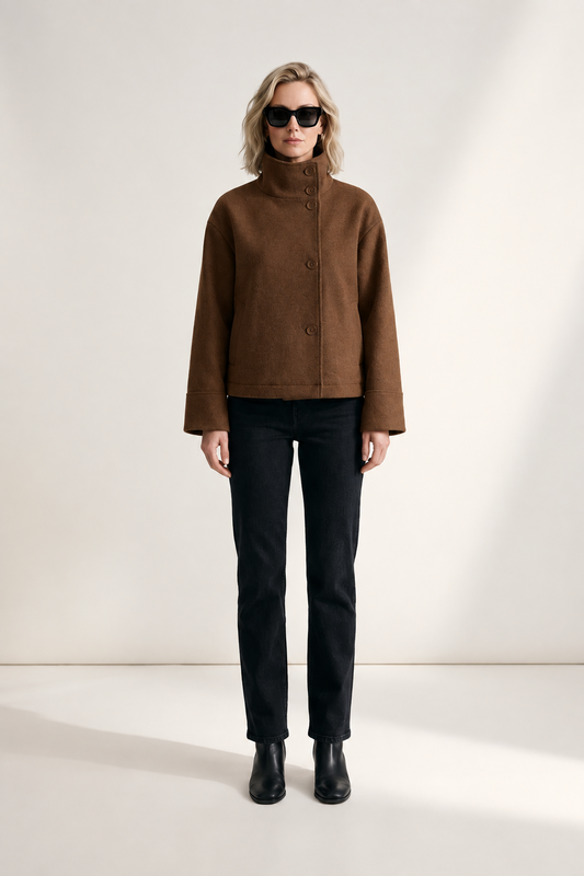 Short Wool Blend Double Breasted Coat with Wide Lapels in Brown, studio shot