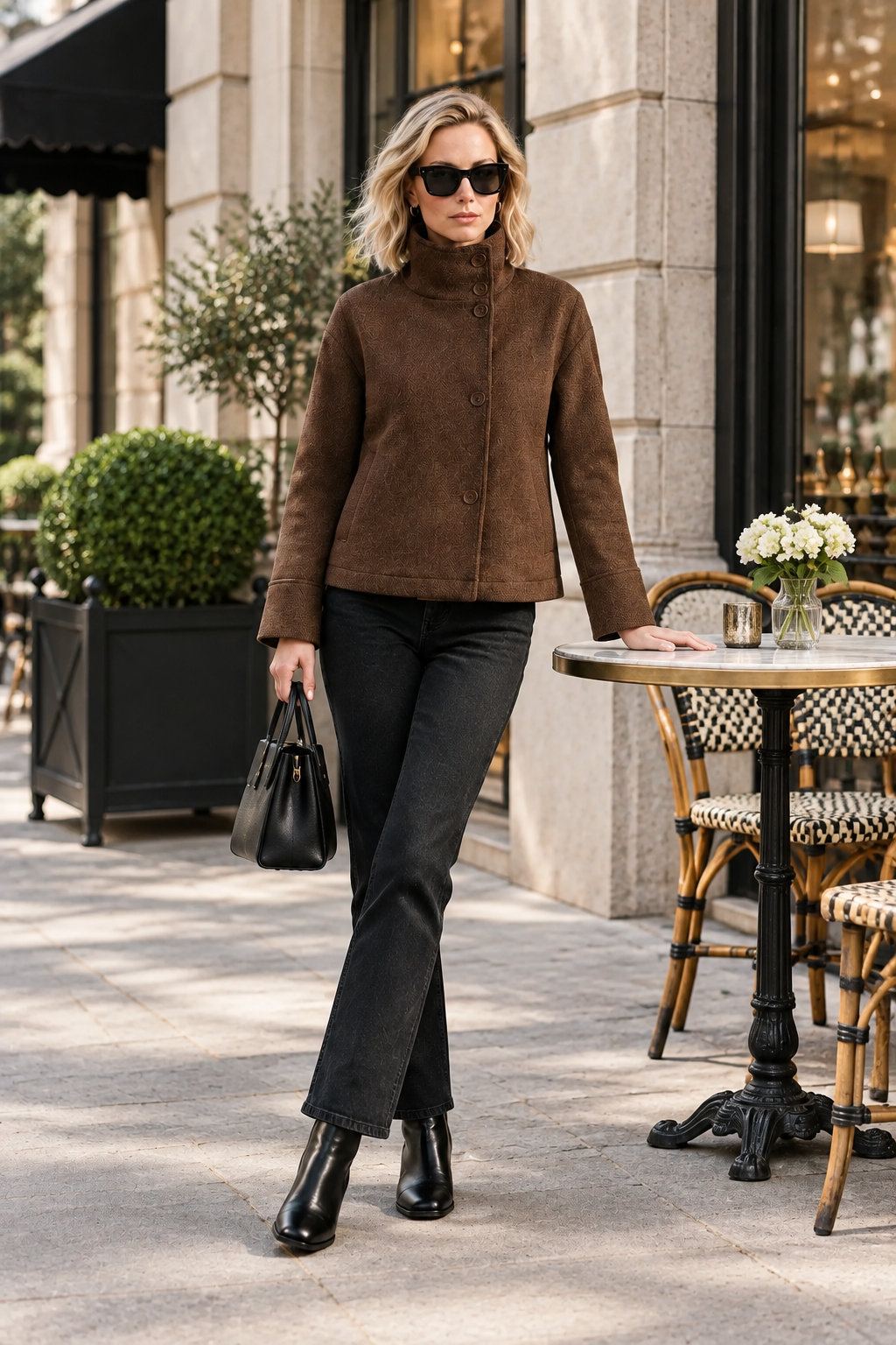 A woman walking on a city sidewalk wearing a brown suede-like mock-neck jacket, black pants, black ankle boots, and holding a black handbag.