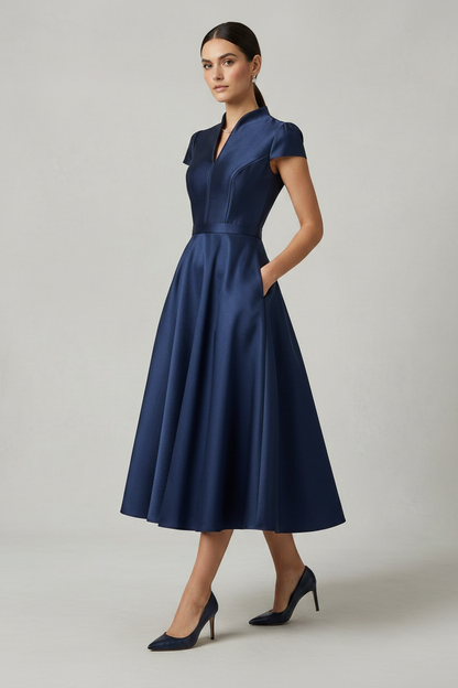 A woman modeling a navy blue midi dress with a structured bodice, short cap sleeves, a high mock neck, and a full skirt, paired with navy heels against a neutral studio background.