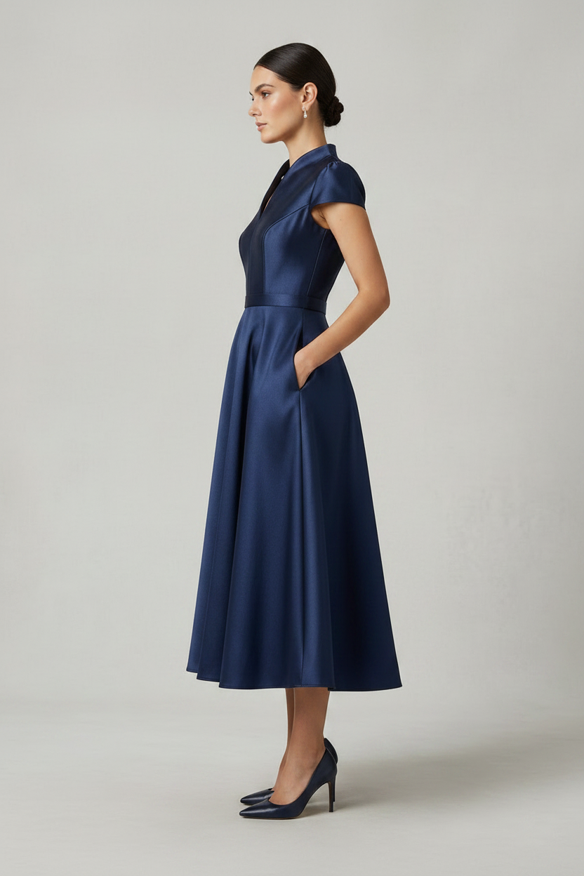 A woman modeling a navy blue midi dress with a structured bodice, short cap sleeves, a high mock neck, and a full skirt, paired with navy heels against a neutral studio background.