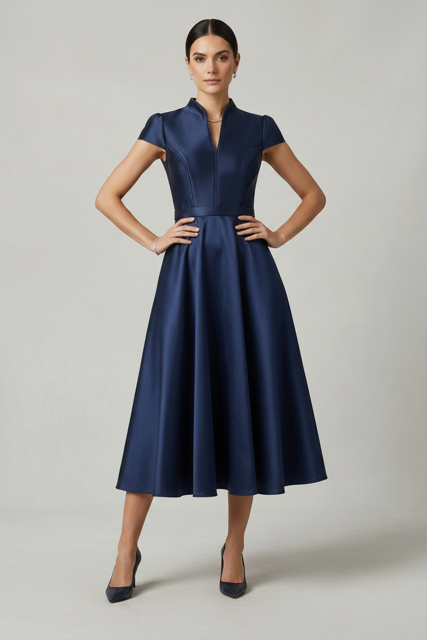 A woman modeling a navy blue midi dress with a structured bodice, short cap sleeves, a high mock neck, and a full skirt, paired with navy heels against a neutral studio background.