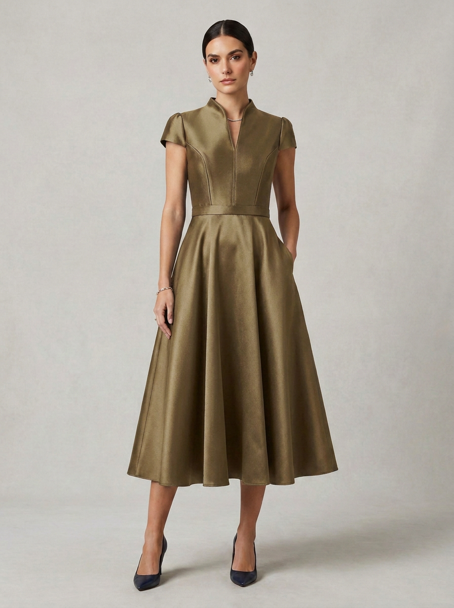 Silky Satin V-Neck Midi Dress with Cinch Waist and Pockets in Khaki, studio shot