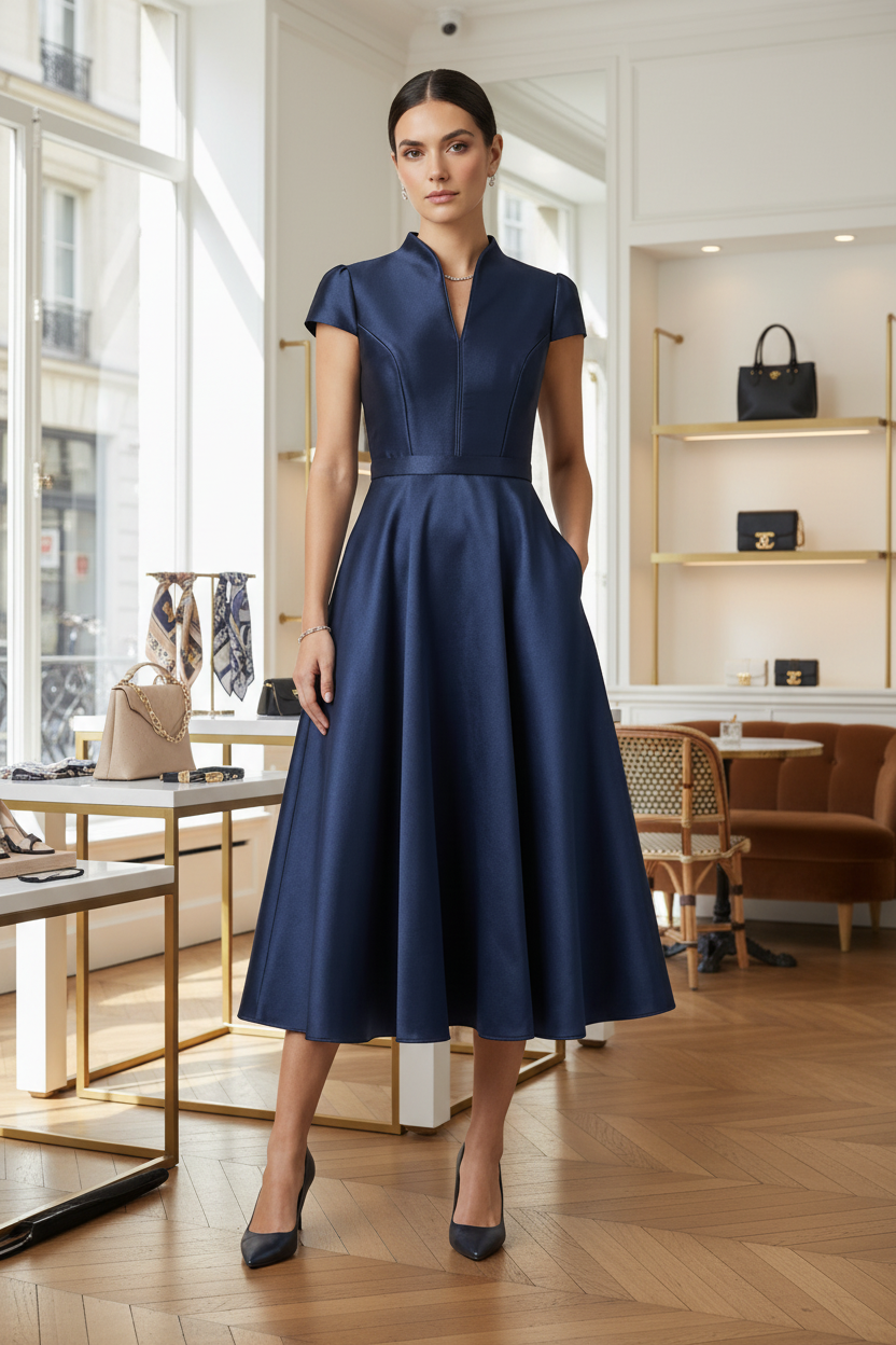 A woman modeling a navy blue midi dress with a structured bodice, short cap sleeves, a high mock neck, and a full skirt, paired with navy heels against a neutral studio background.