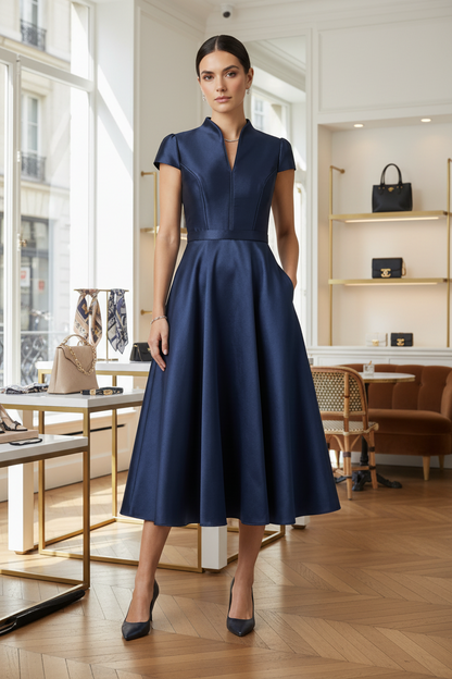 A woman modeling a navy blue midi dress with a structured bodice, short cap sleeves, a high mock neck, and a full skirt, paired with navy heels against a neutral studio background.