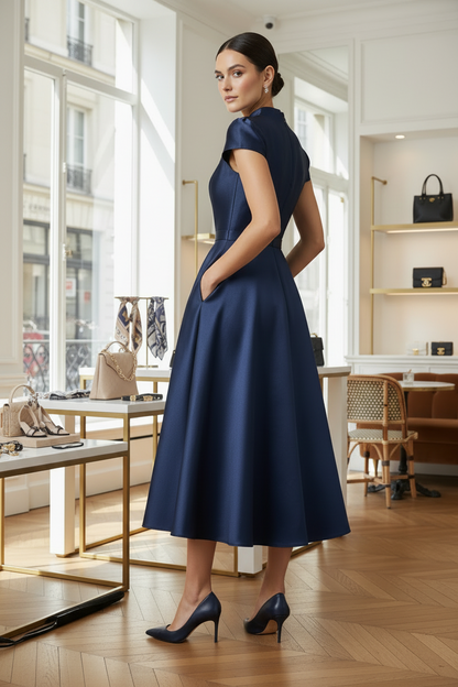 A woman models a navy blue midi dress with a structured collar, cap sleeves, and a flared skirt in a bright, modern boutique setting.