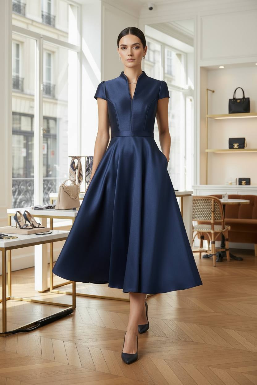 A woman models a navy blue midi dress with a structured collar, cap sleeves, and a flared skirt in a bright, modern boutique setting.