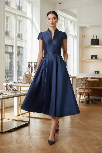 A woman models a navy blue midi dress with a structured collar, cap sleeves, and a flared skirt in a bright, modern boutique setting.