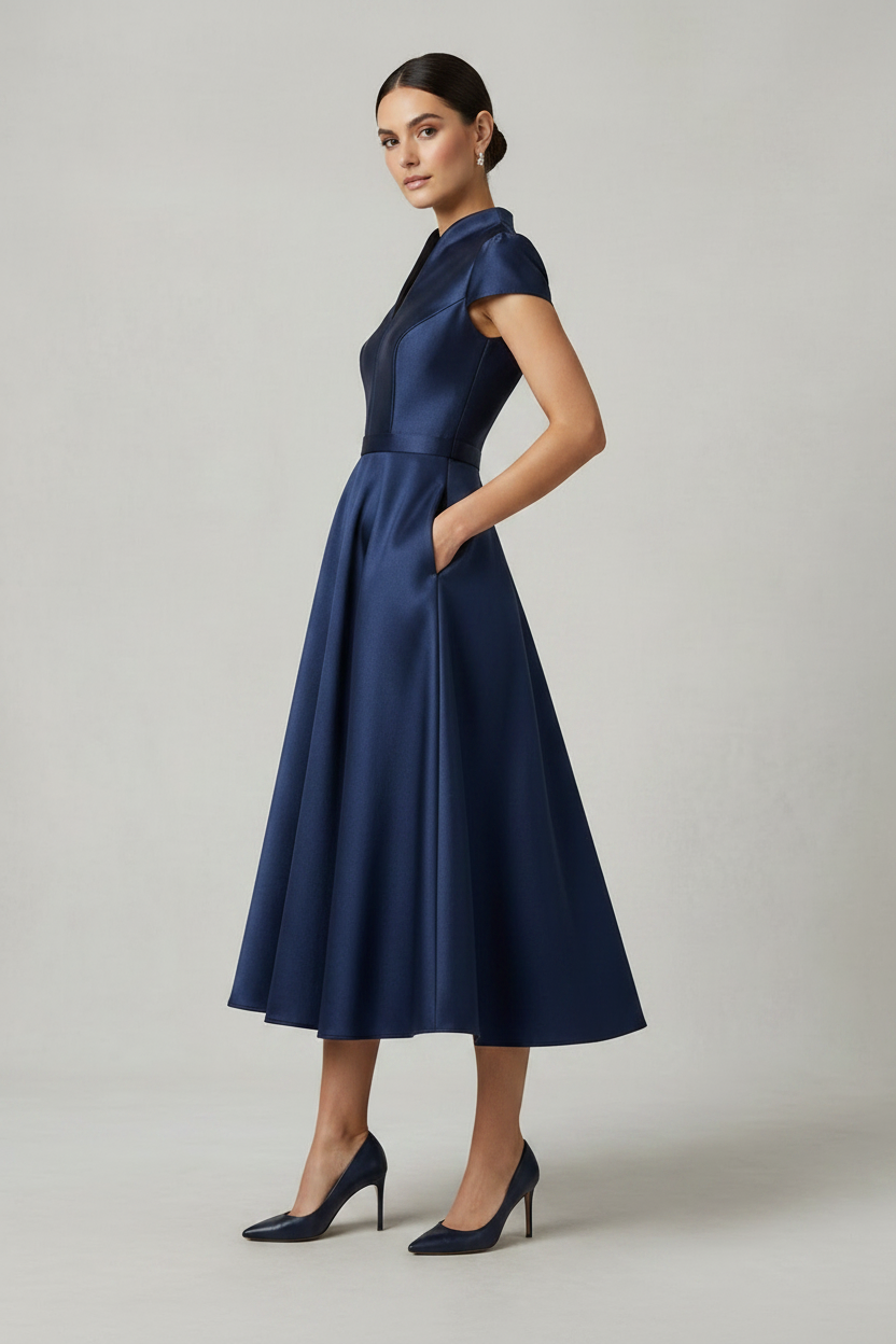 A woman modeling a navy blue midi dress with a structured bodice, short cap sleeves, a high mock neck, and a full skirt, paired with navy heels against a neutral studio background.