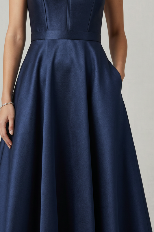 A woman modeling a navy blue midi dress with a structured bodice, short cap sleeves, a high mock neck, and a full skirt, paired with navy heels against a neutral studio background.