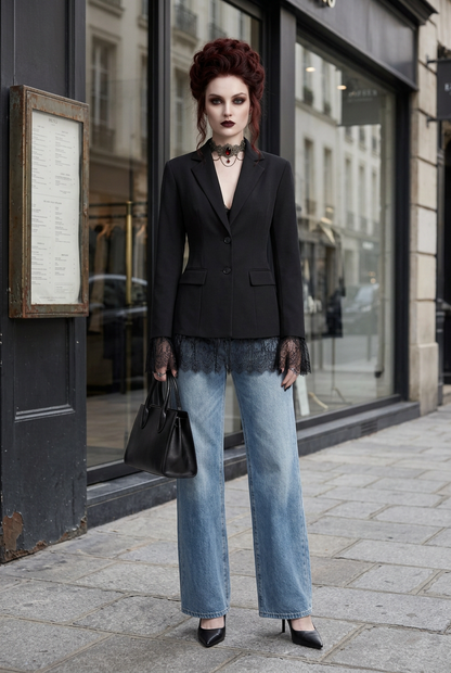A model stands against a light gray studio background wearing a black tailored blazer with sheer lace cuffs, light blue wide-leg jeans, black heels, and holding a black handbag.