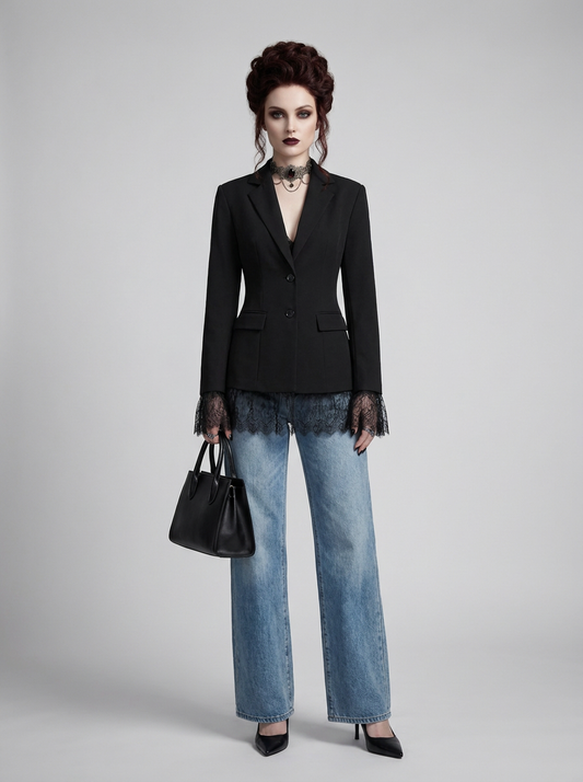 A model stands against a light gray studio background wearing a black tailored blazer with sheer lace cuffs, light blue wide-leg jeans, black heels, and holding a black handbag.