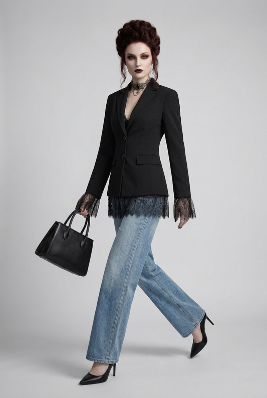A model stands against a light gray studio background wearing a black tailored blazer with sheer lace cuffs, light blue wide-leg jeans, black heels, and holding a black handbag.