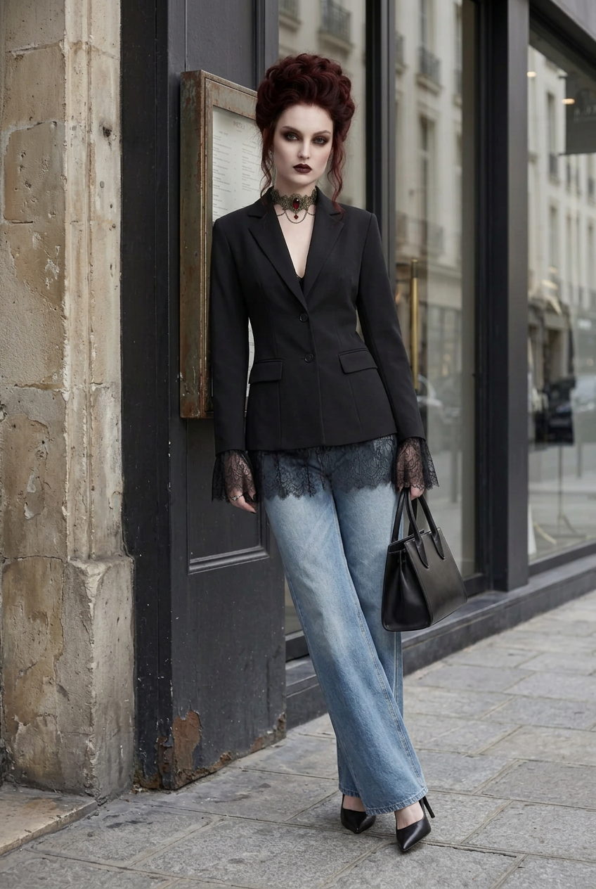 A model stands on a city sidewalk wearing a black blazer, wide-leg light blue jeans, black lace-trimmed gloves, a black choker, and black heels, holding a black handbag.