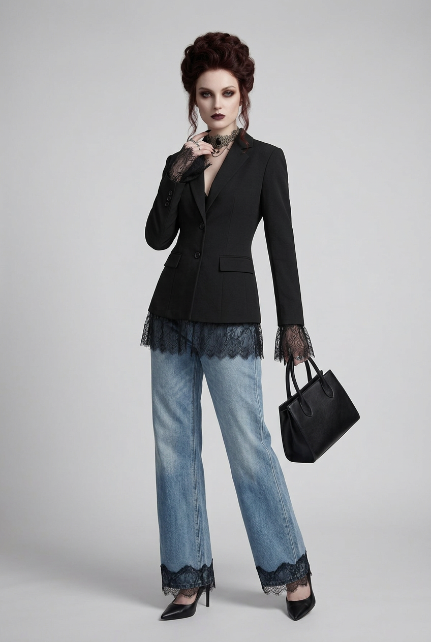 A model stands against a light gray studio background wearing a black tailored blazer with sheer lace cuffs, light blue wide-leg jeans, black heels, and holding a black handbag.