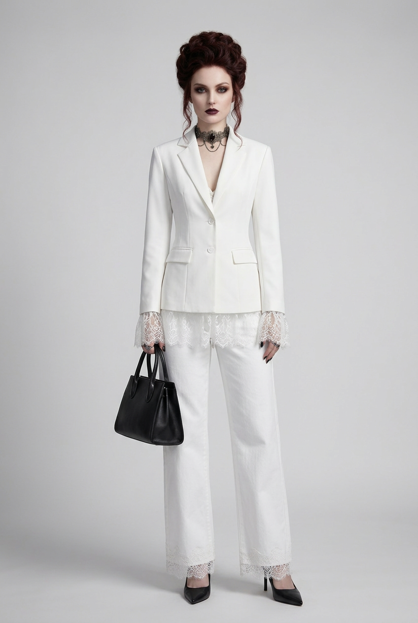 Single-Breasted Tailored Blazer with Lace Trim Hem and Cuffs in White, studio shot