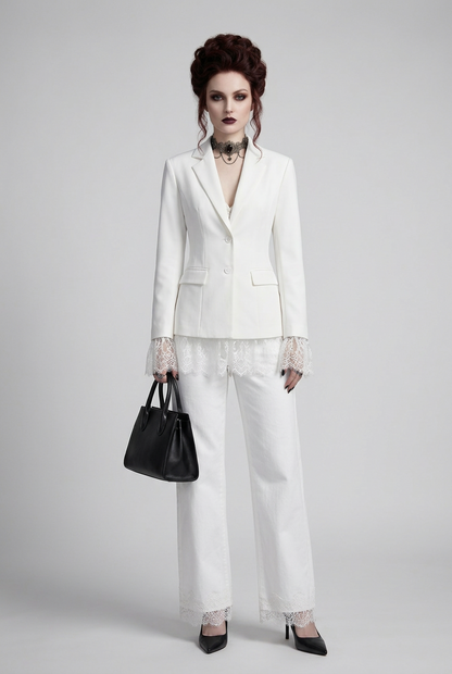 Single-Breasted Tailored Blazer with Lace Trim Hem and Cuffs in White, studio shot