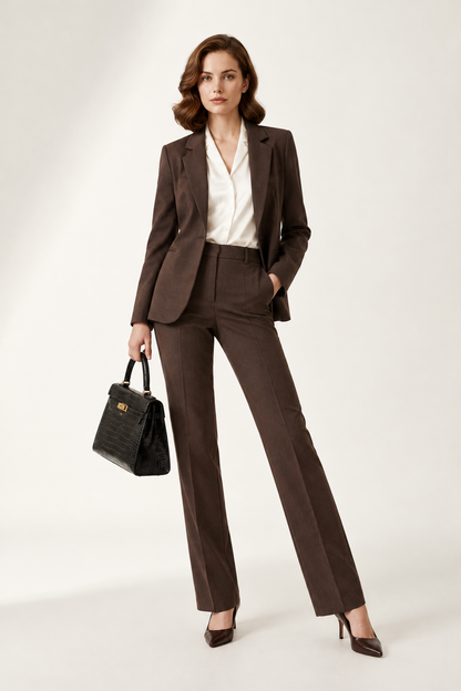A woman stands against a plain light studio background wearing a tailored brown blazer and matching straight-leg trousers over a white blouse, holding a black handbag.
