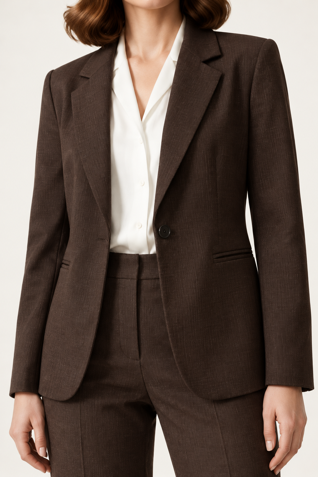A woman stands against a plain light studio background wearing a tailored brown blazer and matching straight-leg trousers over a white blouse, holding a black handbag.