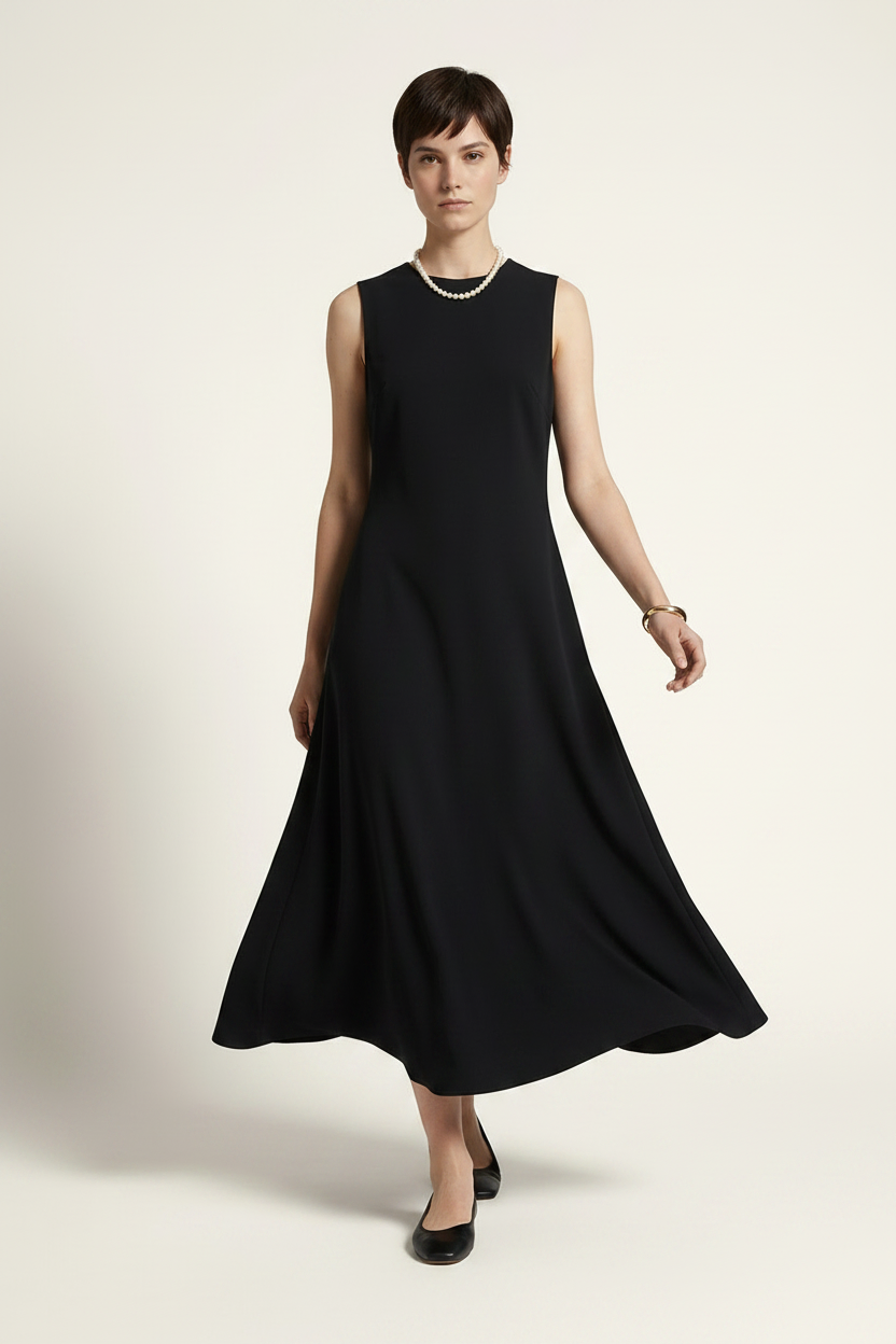 A woman modeling a sleeveless black midi dress with a flared skirt, styled with a pearl necklace and black flats against a warm off-white studio background.