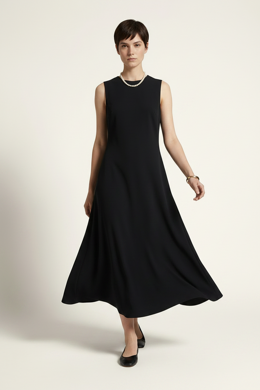 A woman modeling a sleeveless black midi dress with a flared skirt, styled with a pearl necklace and black flats against a warm off-white studio background.