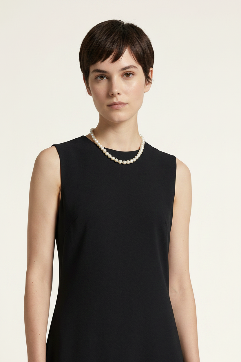 A woman with short dark hair wearing a sleeveless black dress and a pearl necklace, photographed against a plain light beige studio background.