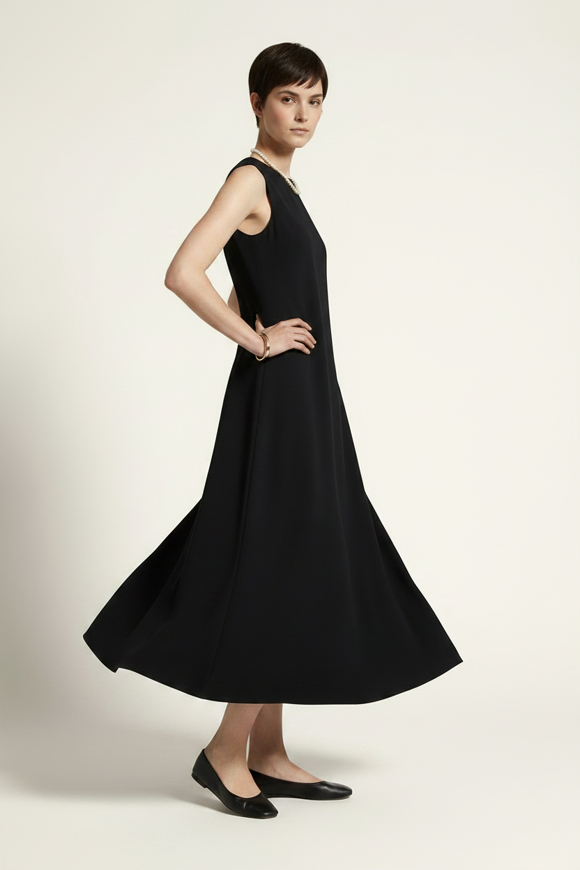 A woman modeling a sleeveless black midi dress with a flared skirt, styled with a pearl necklace and black flats against a warm off-white studio background.