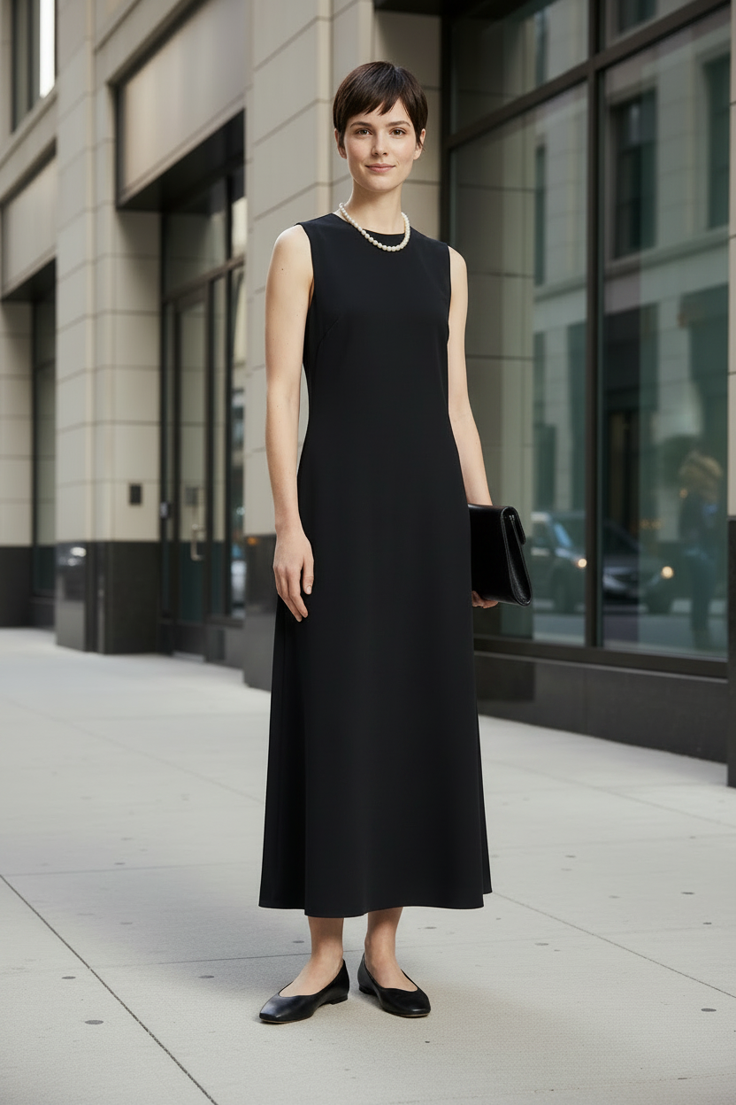 A woman stands on a city sidewalk wearing a sleeveless black midi dress, black flats, and a pearl necklace. The background shows a modern building facade with large glass windows.