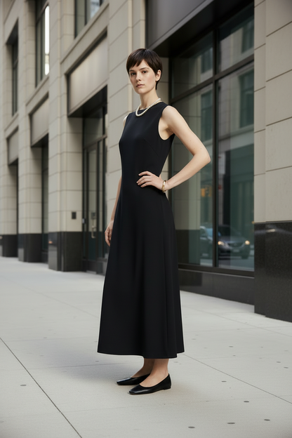 A woman stands on a city sidewalk wearing a sleeveless black midi dress, black flats, and a pearl necklace. The background shows a modern building facade with large glass windows.