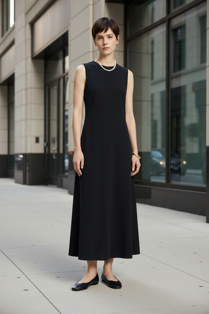 A woman modeling a sleeveless black midi dress with a crew neckline, paired with black flats and a gold necklace, standing against a plain off-white studio background.