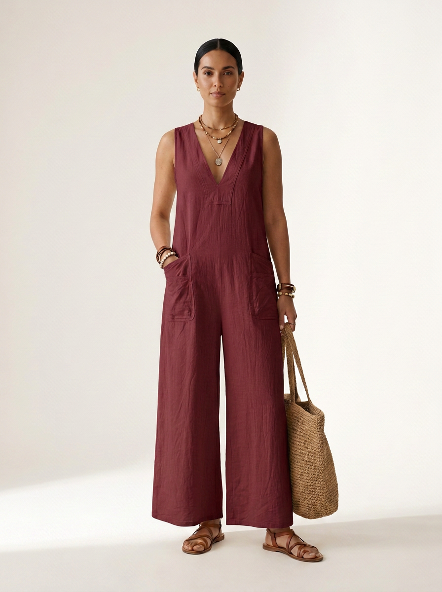 A woman stands against a plain light beige studio background wearing a sleeveless wide-leg jumpsuit in deep burgundy. She is holding a woven straw tote bag and wearing gold jewelry and brown sandals.