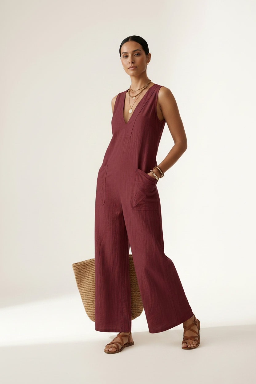 A woman stands against a plain light beige studio background wearing a sleeveless wide-leg jumpsuit in deep burgundy. She is holding a woven straw tote bag and wearing gold jewelry and brown sandals.