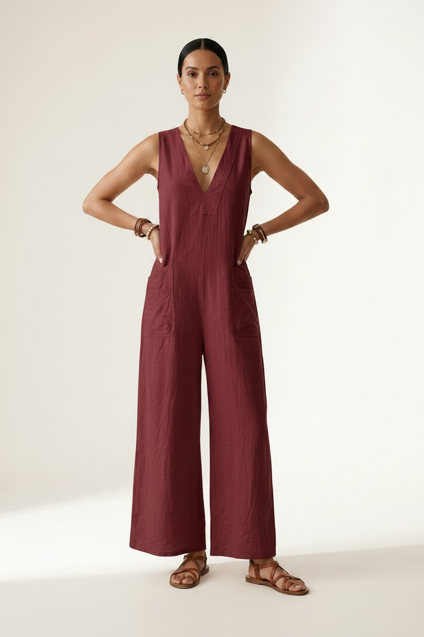 A woman stands against a plain light beige studio background wearing a sleeveless wide-leg jumpsuit in deep burgundy. She is holding a woven straw tote bag and wearing gold jewelry and brown sandals.
