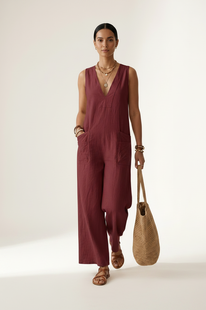 A woman stands against a plain light beige studio background wearing a sleeveless wide-leg jumpsuit in deep burgundy. She is holding a woven straw tote bag and wearing gold jewelry and brown sandals.