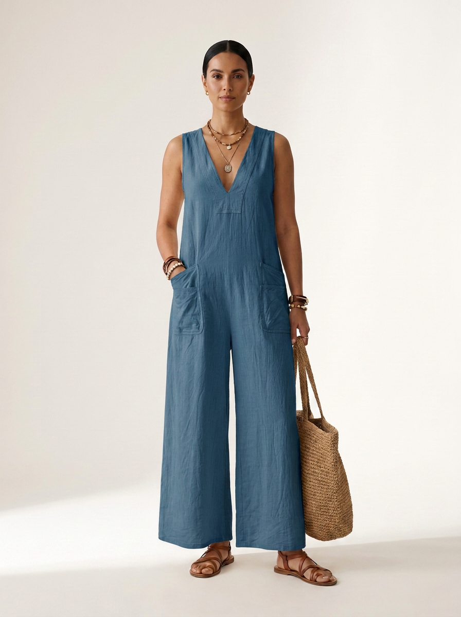 A woman modeling a sleeveless wide-leg jumpsuit in dusty blue, styled with a woven straw tote bag and gold jewelry against a plain off-white studio background.