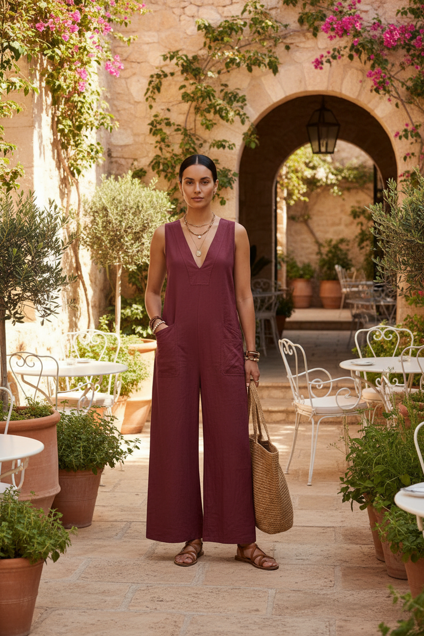 A woman stands against a plain light beige studio background wearing a sleeveless wide-leg jumpsuit in deep burgundy. She is holding a woven straw tote bag and wearing gold jewelry and brown sandals.